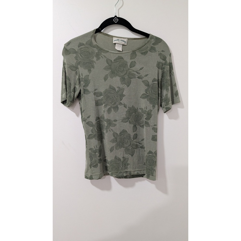 Vintage Frazier Lawrence Petite Sage Green Floral Rose Knit Top Short Sleeve S